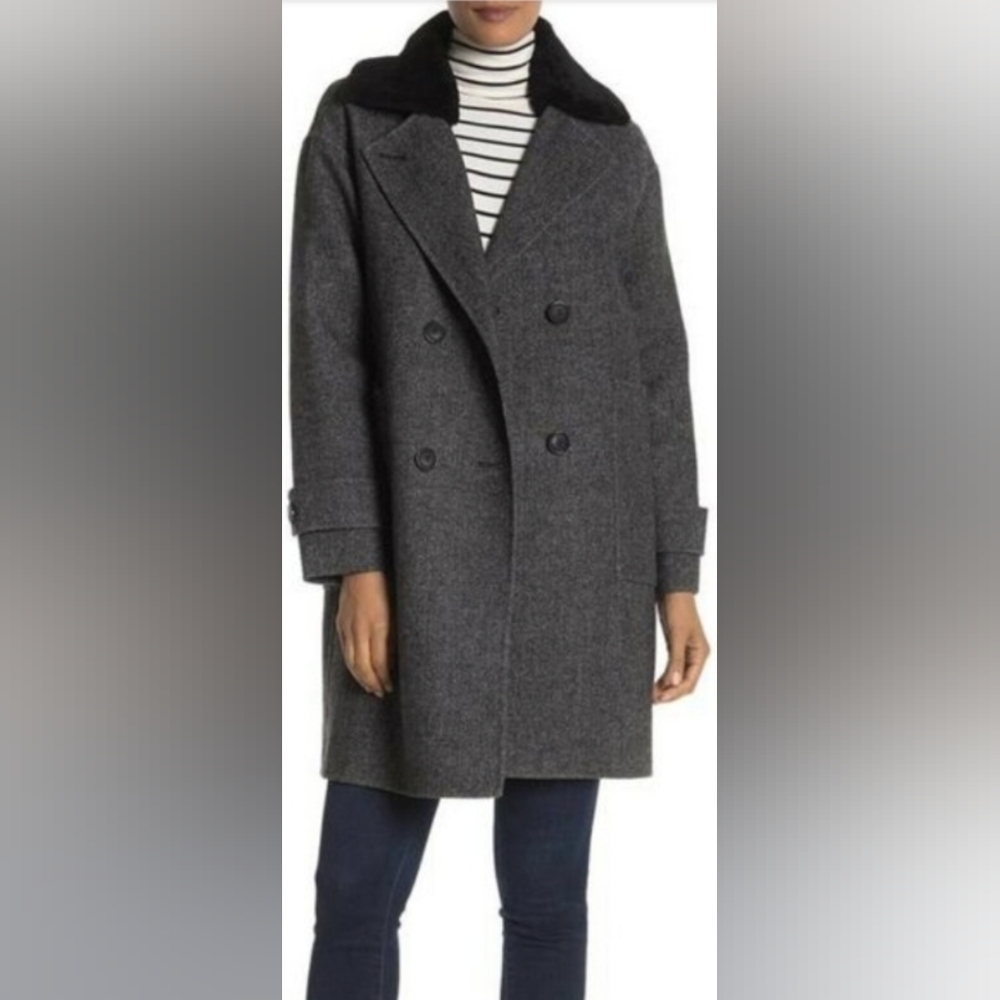 Trina Turk Wool Herringbone Coat With Shearling Collar